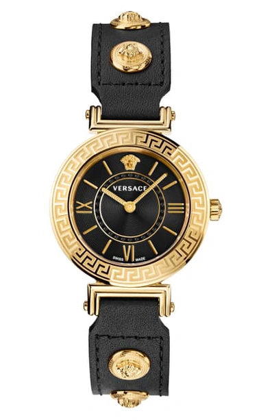 Versace Tribute Leather Strap Watch, 35mm In Black/ Gold