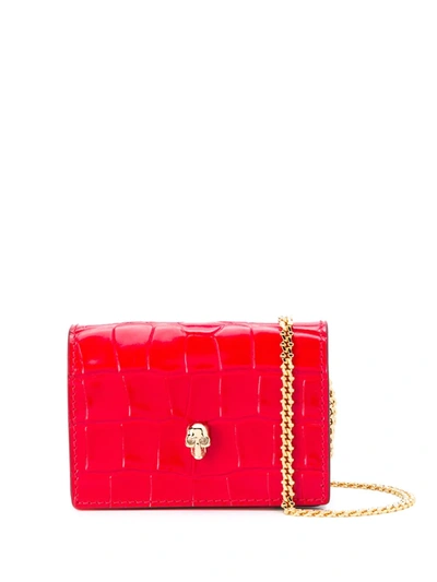 Alexander Mcqueen Skull Leather Card Holder On Chain In Red