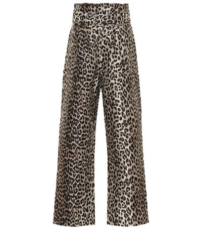 Ganni Paperbag-waist Leopard-jacquard Twill Trousers In Multicolor