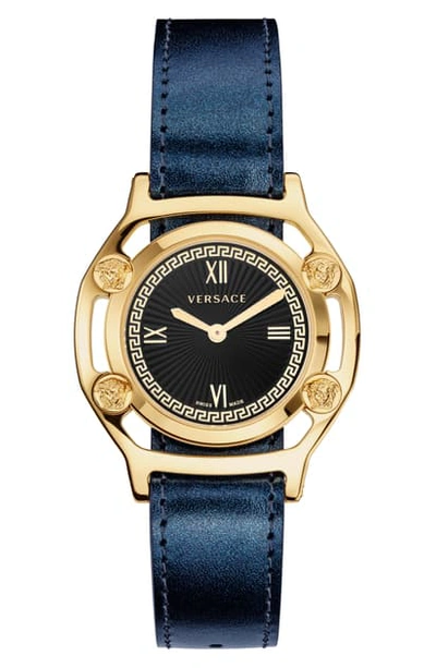 Versace Medusa Frame Leather Strap Watch, 36mm In Black/ Gold/ Green Print