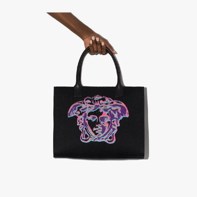 Versace Canvas Tote Bag With Medusa Embroidery In Black,fuchsia,purple