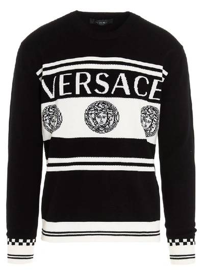 Versace Intarsia-knit Logo Jumper In Black