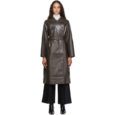 Lvir Belted Faux Leather Trench Coat In Dark Brown