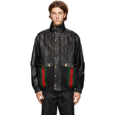 Gucci Web Leather Bomber Jacket In Black