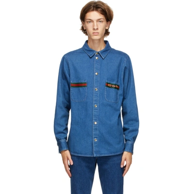 Gucci Web-detail Long-sleeve Denim Shirt In Blue