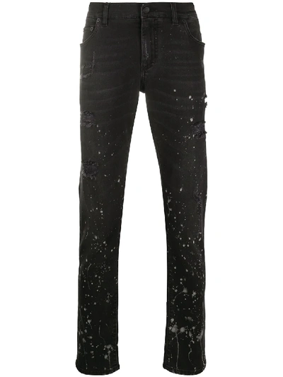 Dolce & Gabbana Paint-splatter Slim-fit Jeans In Black