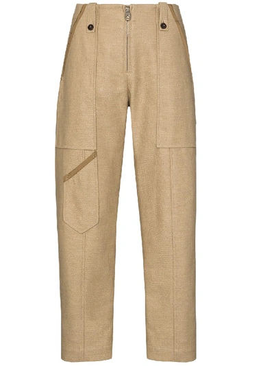 Chloé Patch-pocket Linen-blend Cropped Trousers In Brown
