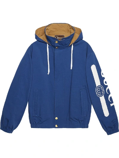 Gucci Reversible Hooded Cotton & Nylon Jacket In Blue