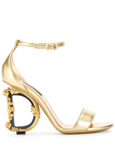 Dolce & Gabbana 105 Mm Keira Baroque Logo Sandals In Gold