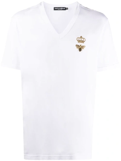 Dolce & Gabbana V-neck Cotton T-shirt With Bee And Crown Embroidery In White