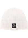 Stone Island Compass-motif Ribbed Beanie In White
