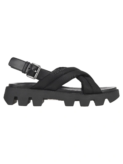 Prada Nylon And Leather Sandals In Black