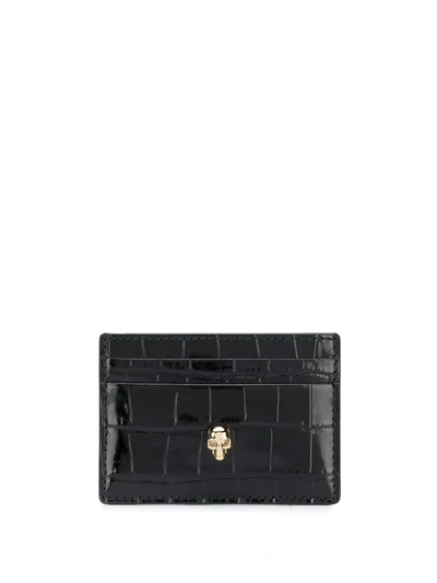 Alexander Mcqueen Crocodile-embossed Skull-stud Cardholder In Black