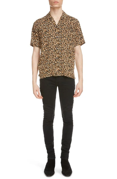 Saint Laurent Leopard-print Short-sleeved Silk Shirt In Neutrals