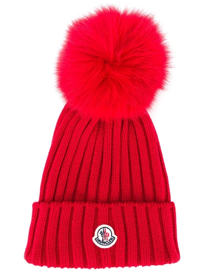 Moncler Ribbed Pompom Beanie In 472 Red