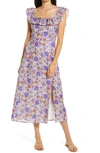 WAYF RUFFLE FLORAL PRINT LINEN MIDI DRESS,91835WCH