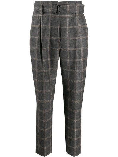 Brunello Cucinelli Belted Windowpane Check High Waist Wool Trousers In Brown