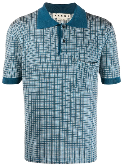 Marni Checkered Squares Polo Shirt In Blue