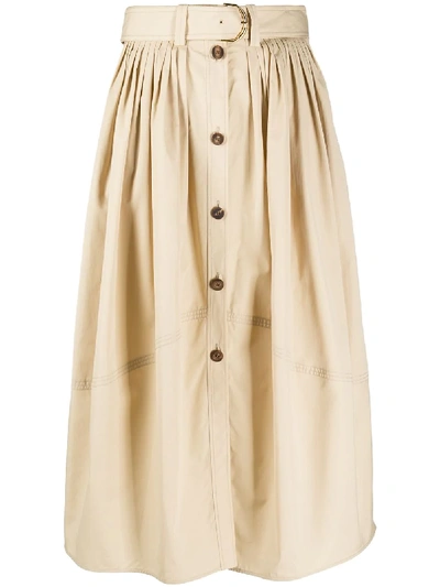 Chloé Belted Pleated Poplin Midi Skirt In Brown