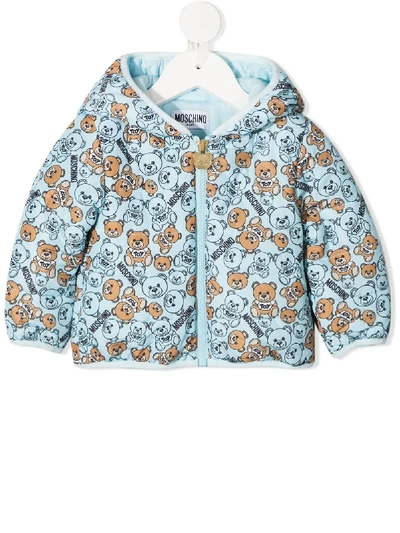 Moschino Babies' All-over Teddy Print Puffer Jacket In Blue