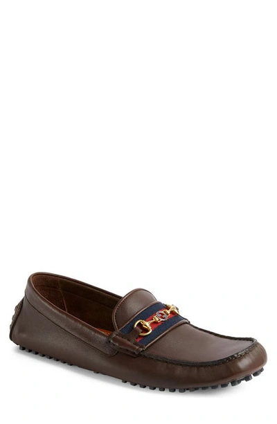 Gucci Brown Driving Web Stripe Leather Loafers In Brown