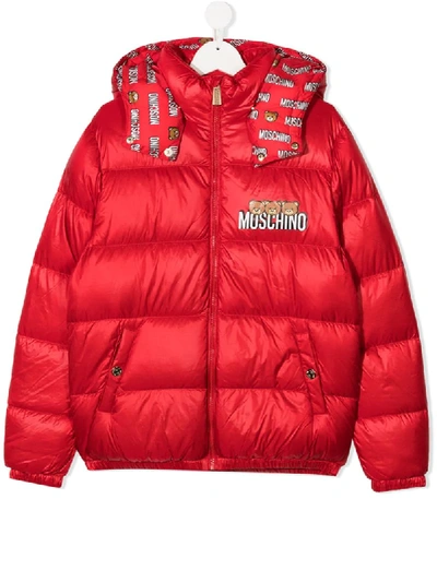 Moschino Kids' Teddy Logo Print Puffer Jacket In Red