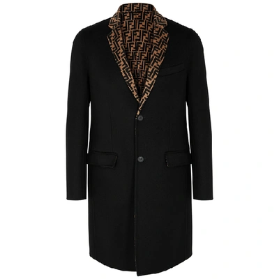 Fendi Men's Solid Overcoat W/ Ff-print Fur Collar In Black