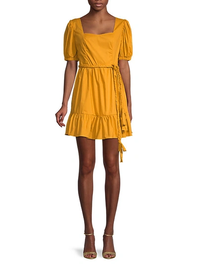English Factory Belted Puff-sleeve Flare Dress In Yellow