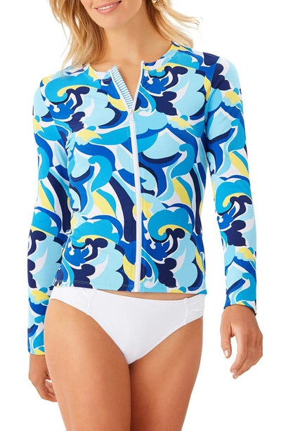 Tommy Bahama Swirl Tide Long-sleeve Zip-front Rashguard Women's Swimsuit In Azure Blue