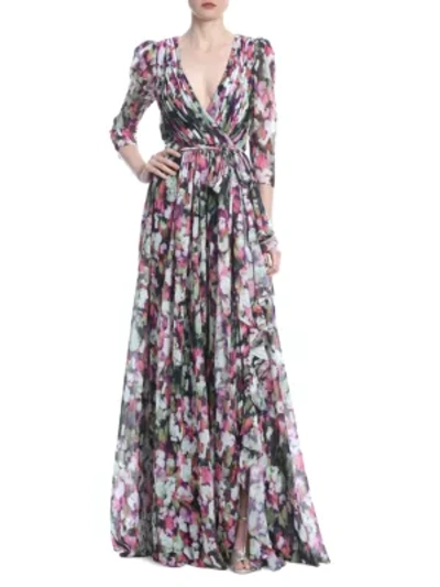 Badgley Mischka Floral Silk Georgette Wrap Dress In Black Multi