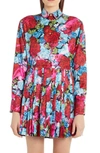 VERSACE PLEATED FLORAL PRINT LONG SLEEVE MINI SHIRTDRESS,A87068A235731