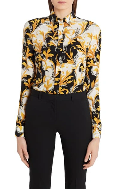 Versace Barocco Acanthus Print Silk Shirt In A7027 White/ Black/ Gold