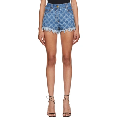 Balmain Laser Grid Cotton Denim Shorts In 6ff Denim