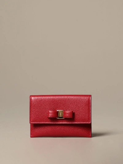 Ferragamo Credit Card Holder In Leather In Red