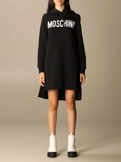 Moschino Couture Cotton Sweatshirt Dress With Logo In Black