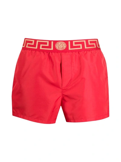 Versace Greca Border Long Boxer Trunks In Red