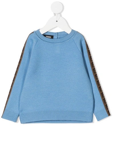Fendi Babies' Wool Pullover With Ff Bands In Gnawed Blue