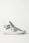 GOLDEN GOOSE FRANCY GLITTERED DISTRESSED LEATHER AND SUEDE HIGH-TOP SNEAKERS