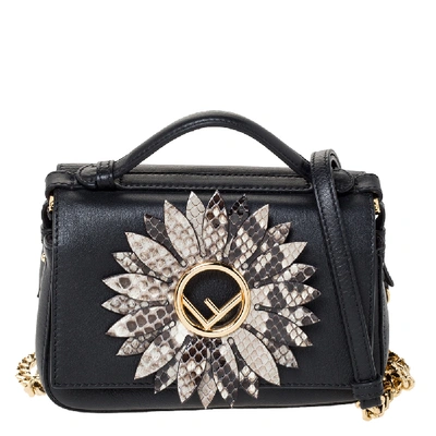 Pre-owned Fendi Black Leather And Python Small Daisy Flower Kan I F Shoulder Bag