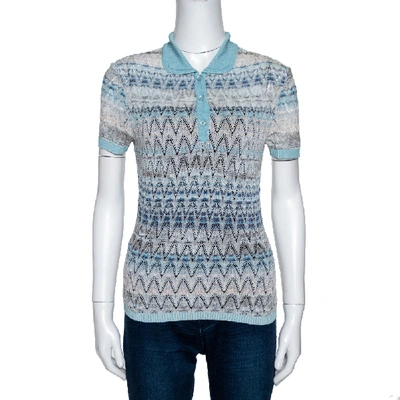 Pre-owned Missoni Light Blue Crochet Knit Short Sleeve Collared Top S