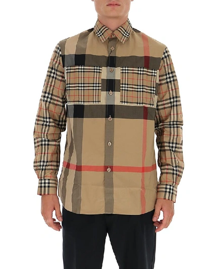 Burberry Check Print Stretch Cotton Tisford Shirt In Beige