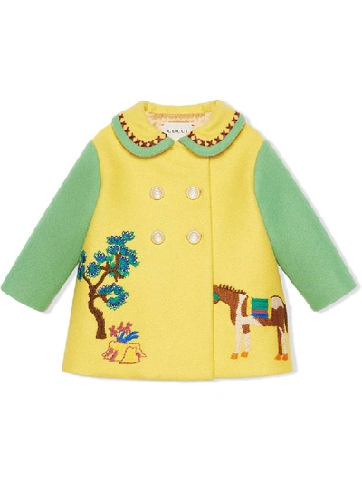 Gucci Babies' Horse And Tree-embroidered Double-breasted Coat In Yellow