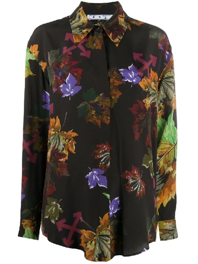 Off-white Leaves Printed Silk Crepe De Chine Shirt In Black