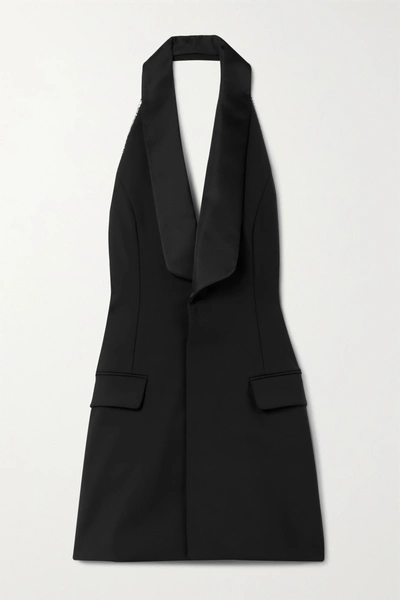 Area Crystal-embellished Satin-trimmed Woven Halterneck Mini Dress In Black