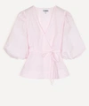 Ganni Blouson-sleeve Cotton-poplin Wrap Top In Cherry Blossom