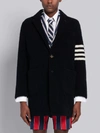 THOM BROWNE NAVY LIGHTWEIGHT SHEARLING UNCONSTRUCTED SACK 4-BAR OVERCOAT,MOU570X0475414775803