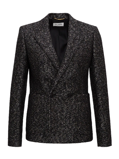 Saint Laurent Double-breasted Tweed Coat In Black