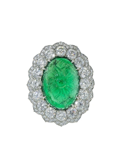 Bayco Platinum Carved Emerald And Diamond Ring In Green
