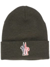 Moncler Logo Patch Ribbed Virgin Wool Beanie In Green
