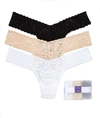 Hanky Panky Signature Set Of Three Low-rise Stretch-lace Thongs In Black,white,chai
